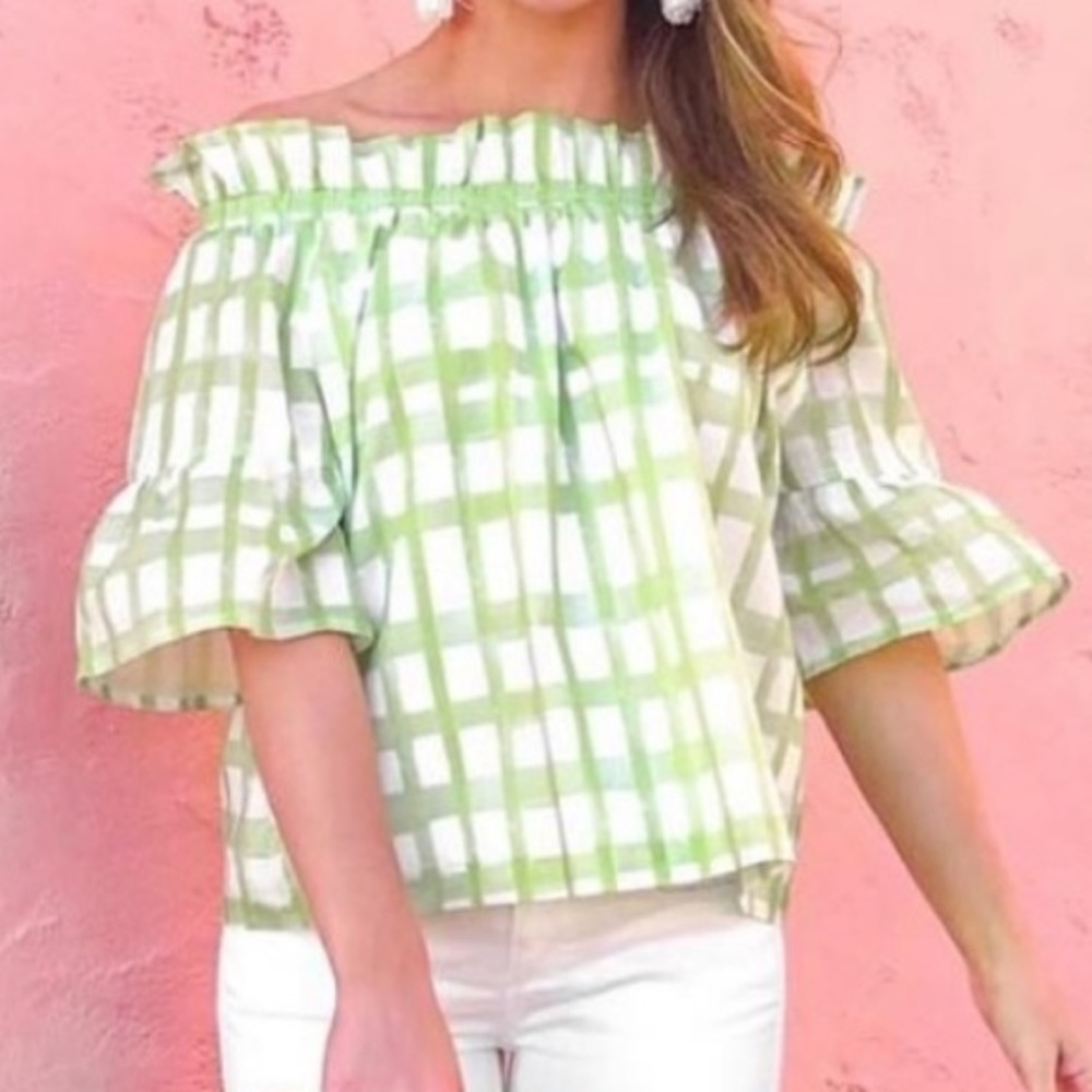 Brooke Wright Green White Off Shoulder Ruffle Top Size XS/SM
